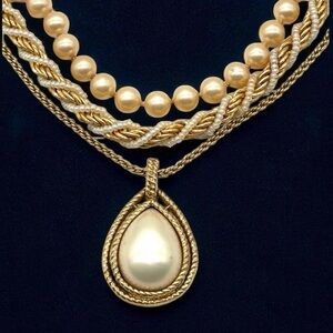 Vintage Trifari Necklace Bundle of 3 ~Gold Tone Pearls Pendant 28" 22" 16"